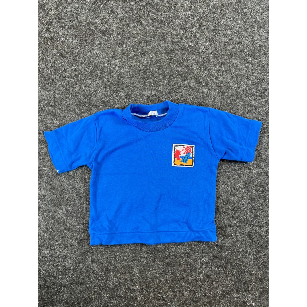 Vintage 90s Babyfair Kids Blue Surfboard Beach Patch Short Sleeve Top 18 Months